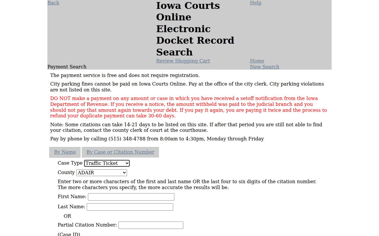 Iowa Courts Online fields used to find Marshall County court records