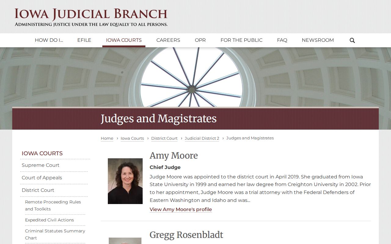 Iowa Judicial District 2 judges and magistrates information for Marshall County arrest warrant review
