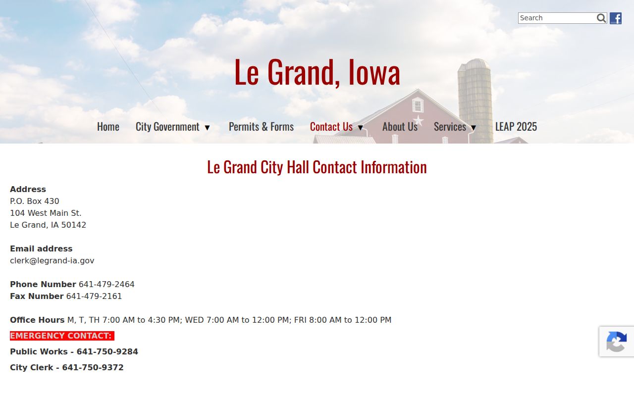 Le Grand City Hall contact page used to route warrant questions